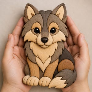 Könnte beinhalten: Ein handgefertigtes Holzpuzzle in Form eines sitzenden Wolfswelpen, das aus verschiedenen natürlichen Holztönen wie hellem Beige, mittlerem Braun und dunklem Anthrazit besteht. Das Design zeigt ineinandergreifende Teile mit glatten Kanten.
