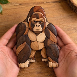 May include: A handcrafted wooden gorilla figurine composed of multiple interlocking pieces of wood in varying shades of brown, ranging from light tan to dark espresso, featuring a detailed face, muscular chest, and large arms.