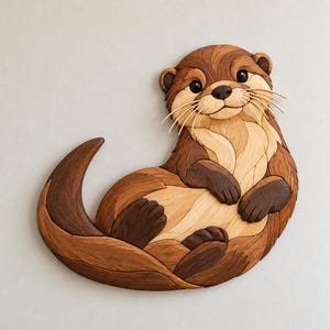 May include: A wall-mounted wooden intarsia art piece depicting an otter. The otter is crafted from various shades of natural wood, ranging from light cream to dark brown, featuring a curved tail, small paws, and detailed whiskers on its face.