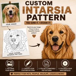 Puede incluir: Imagen promocional de patrones de intarsia personalizados. Muestra un Golden Retriever, una foto y un dibujo lineal del patrón. El texto dice "Custom Intarsia Pattern" y "Perfect for Pets, People, Wildlife, Logos & More!"