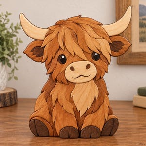 May include: A handcrafted wooden figurine of a Highland cow featuring layered pieces of light and dark wood. The cow has a shaggy coat, curved horns, and dark eyes, with a light-colored muzzle and dark brown hooves, standing in a seated position.