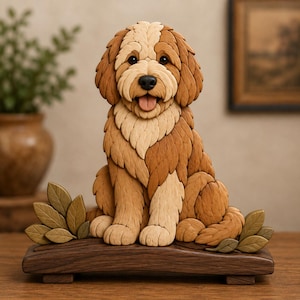 以下が含まれることがあります： 木製の犬の彫刻。明るい茶色と白の毛並みで、葉のついた木の台座に座っています。犬は舌を出して幸せそうな表情をしています。彫刻は、重ねられた木片で作られています。