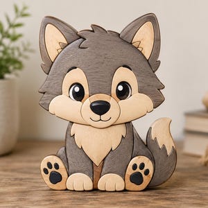 May include: A wooden figurine of a sitting wolf pup crafted from interlocking pieces of light and dark stained wood. The wolf has large black eyes, a black nose, and paw pads, with a light tan face, chest, and tail tip against a dark gray body.