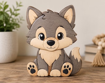Baby Wolf Pup Intarsia Woodworking Pattern | Scroll Saw Template (PDF Download)