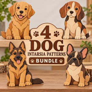 4 Dog Intarsia Woodworking Patterns Bundle | Beginner DIY Wood Art (Digital Download)