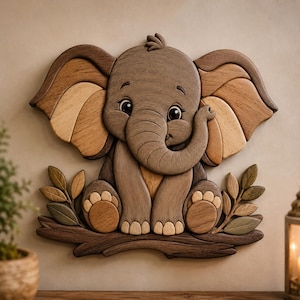 May include: Wooden wall art of a baby elephant. The elephant is sitting on a branch with leaves. The elephant is made of different shades of brown wood. The ears have a striped design. The elephant has large eyes and a curled trunk.