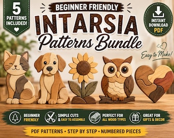 Beginner Intarsia Woodworking Patterns Bundle | 5 Scroll Saw Designs (PDF Download)