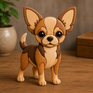 May include: A wooden chihuahua figurine with a light brown and dark brown color scheme. The dog has large, expressive eyes and detailed wooden features. The figurine is standing on all fours, showcasing its intricate craftsmanship.
