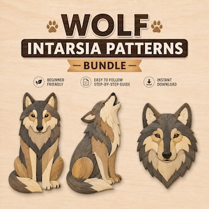 May include: A digital graphic displaying WOLF INTARSIA PATTERNS BUNDLE text with three wooden wolf designs. The designs include a sitting wolf, a howling wolf, and a wolf head, all rendered in shades of brown, tan, and gray wood grain textures.