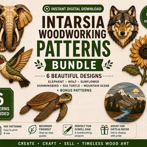 Intarsia Träbearbetningsmönster Paket | 6 mallar för rullsåg med djurmotiv och natur (PDF-nedladdning)