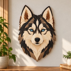May include: A wall-mounted wooden art piece depicting a wolf head with layered segments in shades of cream, tan, brown, and black. The wolf features striking bright blue eyes, pointed ears, and a detailed snout with a black nose.