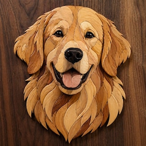 Mönster för träbearbetning av golden retriever intarsia | Porträttplan för rullsåghund i PDF-format | 3D-skiktad träkonst | Gåva för hundälskare