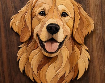 Motif portrait intarsia Golden Retriever | Plan d'art du chien pour la scie à chantourner (PDF)