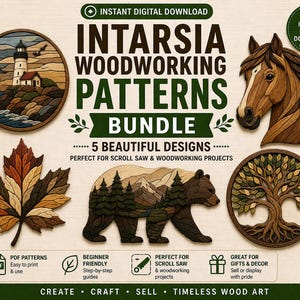 Intarsia Woodworking Patterns Bundle | 5 Scroll Saw Designs | Horse, Bear, Lighthouse, Tree of Life & Leaf