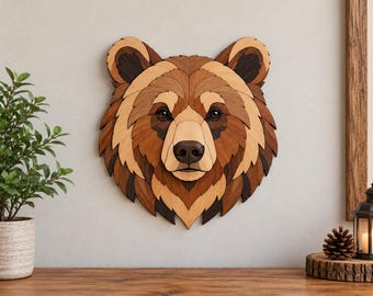 Modèle de marqueterie d'ours grizzly, décoration murale à découper à la scie à chantourner (téléchargement PDF)