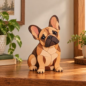 Pode incluir: Uma estatueta decorativa de um Bulldog Francês feita de várias peças de madeira em vários tons de castanho claro, castanho e castanho escuro. O cão é representado numa posição sentada com orelhas grandes e eretas, olhos escuros e focinho escuro.
