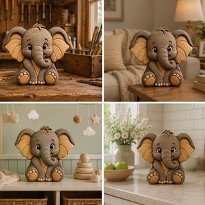 May include: A handcrafted, cartoon-style elephant figurine in shades of gray and tan. The elephant has large ears, a trunk, and is sitting upright. The figurine is likely made of wood or a similar material.