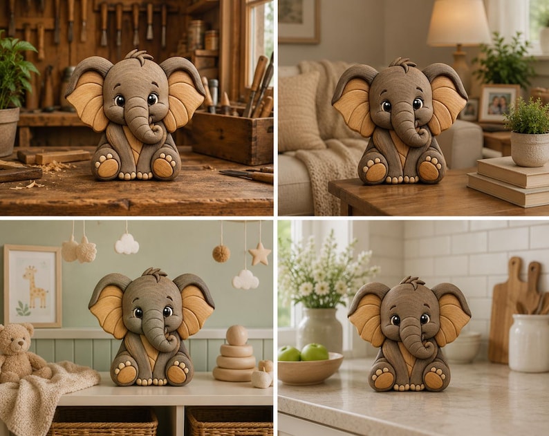 May include: A handcrafted, cartoon-style elephant figurine in shades of gray and tan. The elephant has large ears, a trunk, and is sitting upright. The figurine is likely made of wood or a similar material.