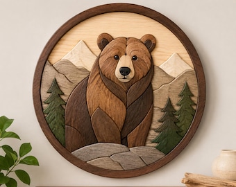 Grizzly Bear Intarsia Wood Pattern | Scroll Saw Woodworking PDF | Beginner Friendly Instant Download