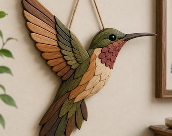 Hummingbird Intarsia Woodworking Pattern | Hanging Wall Art Wood Pattern | Instant Download