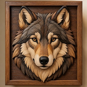 Op de afbeelding: Een houten wandkunstwerk met een gedetailleerde wolfskop. Het kunstwerk is gemaakt van verschillende bruintinten, waardoor een gelaagd effect ontstaat. De ogen van de wolf zijn geel en het stuk is ingelijst in een donkerbruine houten lijst.