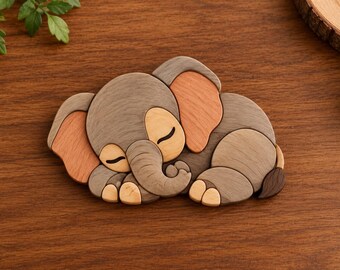 Modèle PDF d'intarsia d'éléphant endormi | Plan de menuiserie pour bébé éléphant | Téléchargement instantané facile pour débutants