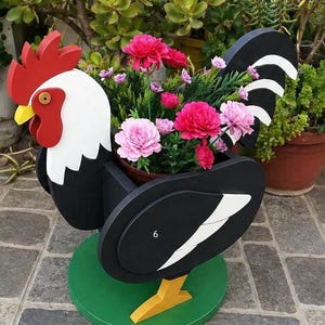 Patrón de carpintería para maceta con forma de gallo / Plantilla para soporte de maceta con forma de gallina / Patrón de intarsia para decoración de jardín / Descarga en PDF
