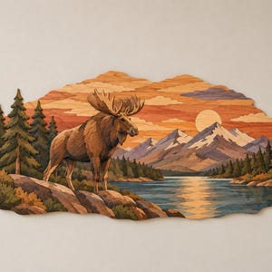 May include: A multi-layered wooden wall art piece depicting a moose standing on a rocky shore near a lake. The scene features evergreen trees, snow-capped mountains, and a sunset sky with a round sun, all crafted from various wood tones.