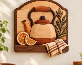 Modèle de décoration murale rustique en marqueterie pour cuisine (PDF) | Plan de menuiserie pour bouilloire et agrumes | Téléchargement numérique