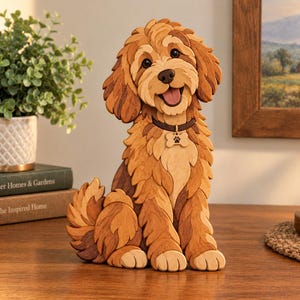 May include: A multi-layered wooden cutout of a golden-brown dog sitting upright. The dog has a dark brown collar with a bone-shaped tag featuring a black paw print. The figure is constructed from various shades of wood, showing a textured fur pattern.