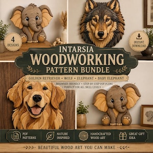 Könnte beinhalten: Ein Intarsia-Holzbearbeitungsmuster-Bundle mit Designs für einen Wolf, einen Elefanten, ein Baby-Elefanten und einen Golden Retriever. Die Muster sind anfängerfreundlich und enthalten Schritt-für-Schritt-PDF-Pläne. Der Text "Beautiful Wood Art You Can Make" ist ebenfalls enthalten.