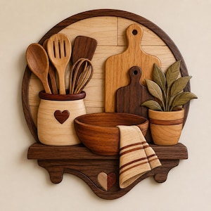 May include: Wooden kitchen-themed wall art featuring a variety of kitchen utensils, cutting boards, a bowl, a plant, and a towel. The art piece is made of different shades of wood, with a heart-shaped detail on the shelf and utensil holder.