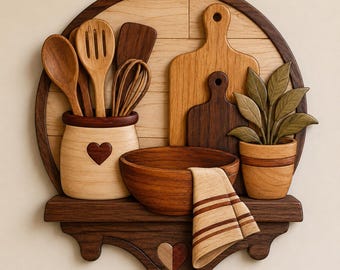 Motif de décoration murale de cuisine en intarsia | Plan de travail du bois de scie à chantourner bricolage | Téléchargement numérique