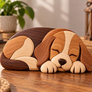Mönster för träbearbetning med intarsia från en sovande hund | Träkonst med valpar | DIY-projekt för rullsåg | Nybörjarvänlig direktnedladdning