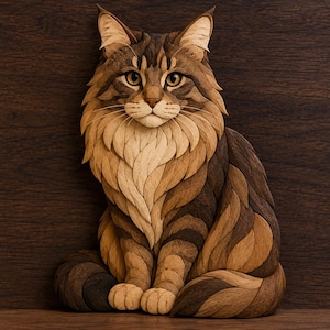 May include: A detailed wooden sculpture of a Maine Coon cat in a seated position. The artwork features various shades of brown wood, creating a layered effect that highlights the cat's fur, eyes, and facial features. The cat's pose is relaxed, with its paws neatly placed.