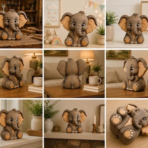 May include: A detailed, handcrafted ceramic elephant figurine in shades of gray and tan. The elephant is sitting with its trunk curled and large ears spread. The figurine has a cute, cartoonish design, perfect for nursery decor or a child's room.