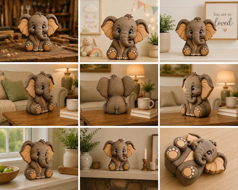 May include: A detailed, handcrafted ceramic elephant figurine in shades of gray and tan. The elephant is sitting with its trunk curled and large ears spread. The figurine has a cute, cartoonish design, perfect for nursery decor or a child's room.