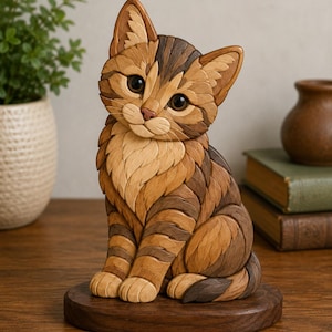 May include: A wooden cat sculpture, featuring intricate wood grain patterns in shades of brown and tan. The cat is seated on a round wooden base. The sculpture has large eyes. A decorative item, suitable for display.