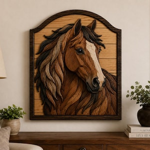 May include: A wall-mounted wooden plaque featuring a layered, three-dimensional relief carving of a brown horse head with a white blaze on its face. The horse has a flowing mane in shades of dark brown and tan, set against a horizontal wood plank background.