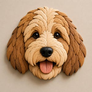 May include: A detailed, three-dimensional artwork of a dog's face. The dog has brown and tan fur, with a black nose and brown eyes. Its tongue is pink, and it appears to be smiling. The artwork is likely a wall hanging or decorative piece.