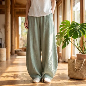 Boho Leinenhose für Damen - Lockere Haremshose, Baumwollhose mit weitem Bein, Lässige Elastische Taille Lounge Hose