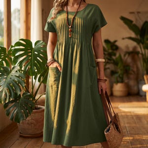 Midi-jurk van linnenmix met zakken Grote maten boho-jurk Slow Fashion zomerjurk Minimalistische vakantie-outfit losse pasvorm jurk