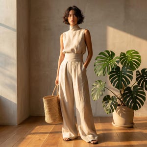 Linnen tweedelig set dames - mouwloze outfit met hoge hals en geplooide broek met wijde pijpen, minimalistisch pak voor zomerresort