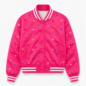 Personalized Pink Satin Bomber Jacket, Embroidered Hearts, Custom Varsity Streetwear