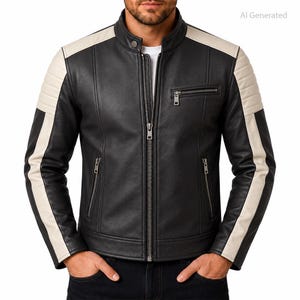 May include: A black leather jacket featuring a stand-up collar with a snap button, a full-length front zipper, and two zippered side pockets. The sleeves have white panels along the shoulders and upper arms with quilted detailing.