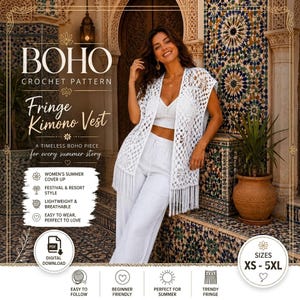 Wzór na szydełkowy kardigan w stylu boho, wzór PDF na kimono z frędzlami, strój plażowy na lato, narzutka na bikini