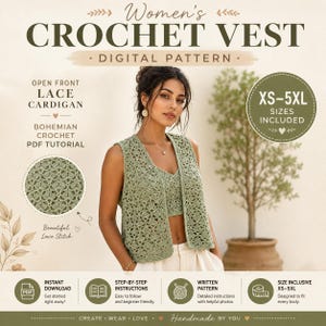 Op de afbeelding: Een digitaal haakpatroon voor een saliegroen vest met een open kanten vestontwerp. De tekst bevat Women's Crochet Vest, Digital Pattern, Open Front Lace Cardigan, Bohemian Crochet PDF Tutorial en XS-5XL maten inbegrepen.