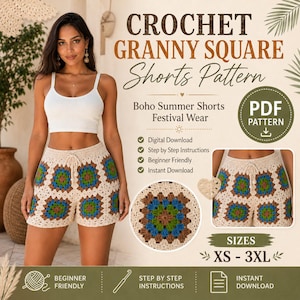 May include: A digital PDF pattern for crochet granny square shorts featuring a drawstring waist. The design includes cream, blue, green, and brown yarn squares. Text includes CROCHET GRANNY SQUARE Shorts Pattern, Boho Summer Shorts, Festival Wear, and sizes XS-3XL.