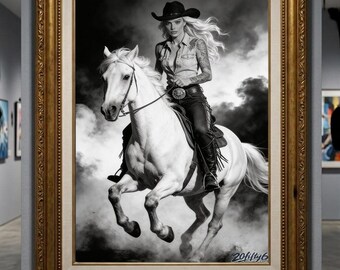 Cowgirl White Horse Digital Download | Black White Western Art Printable Wall Art | Digital Print | Country Western Gift Wall Decor
