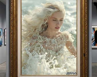 Digital Download Ocean Art | Ethereal Goddess Digital Print | Printable Wall Art | Luxury Coastal Wall Decor | Cream Mermaid Poster
